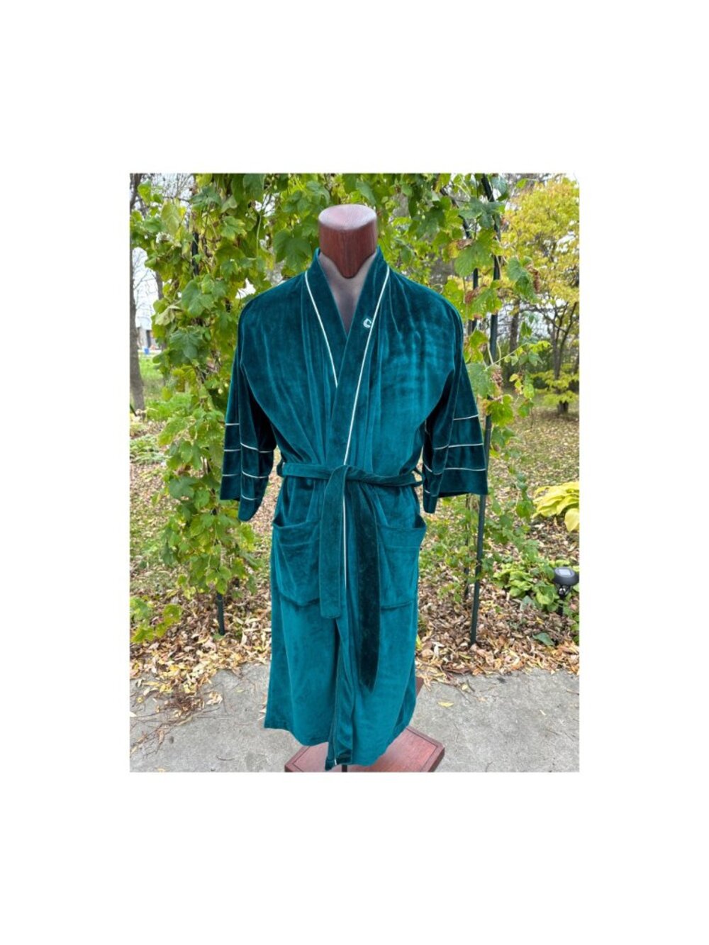 80s Leo Chevalier Green Velvet Robe Monogram Jewel Tones One Size 36-46